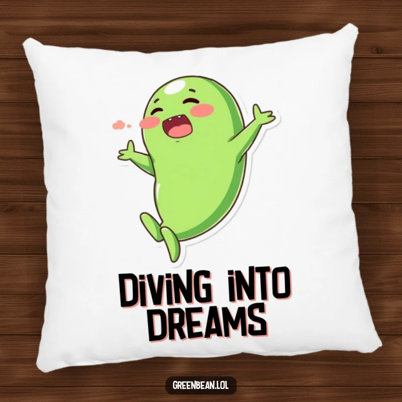 Funny pillow with a plump, blushing green bean character performing a dramatic, exaggerated dive, soft and humorous.