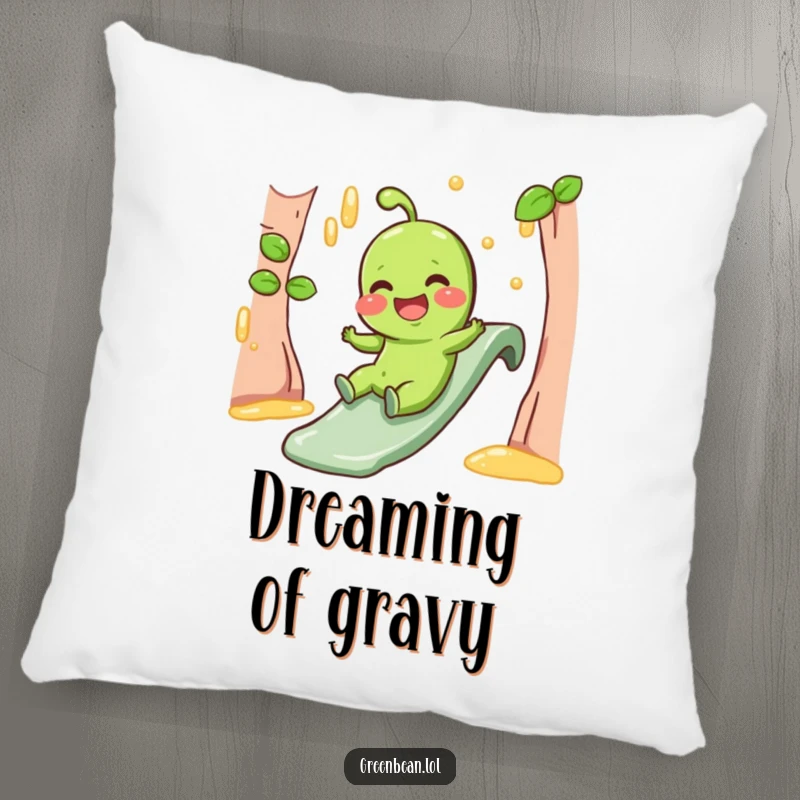 Funny Pillow showcasing a giggling green bean character sliding down a gravy slide, providing comfort and humor.