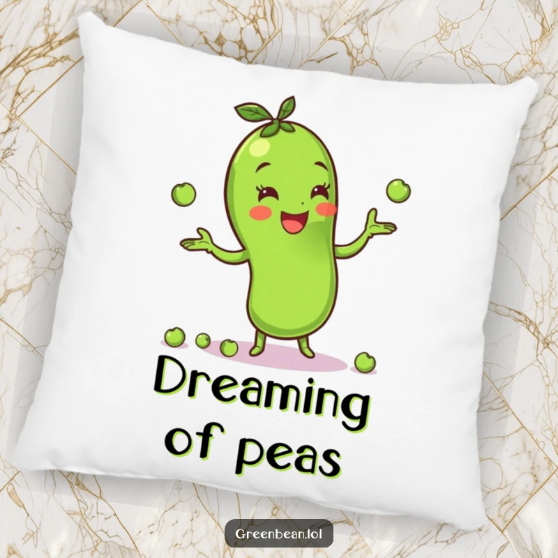 Funny green bean pillow featuring a cheerful character happily juggling peas, offering comfort and a dose of delightful veggie-themed amusement. Plush.