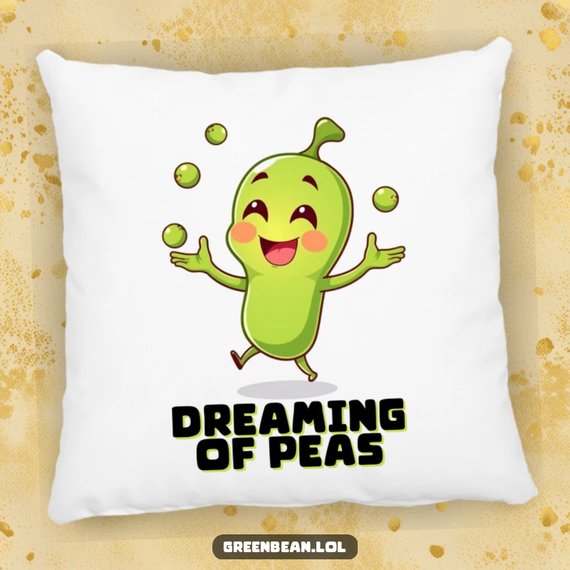 Funny green bean pillow, joyful character juggling peas, comfortable and humorous decor, perfect for sofas and beds, funny gift.