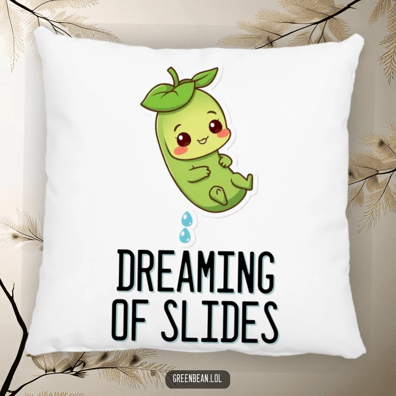 Funny Green Bean Pillow with a playful character sliding down a dewdrop, offering cozy comfort and whimsical fun.