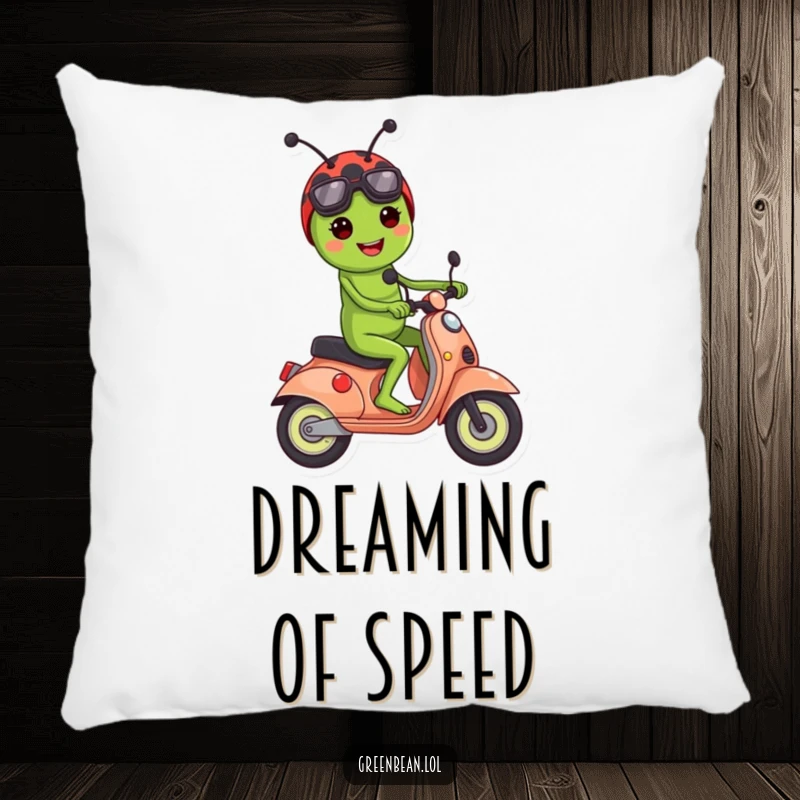 Funny pillow featuring a green bean character riding a ladybug scooter, offering whimsical comfort and decor.