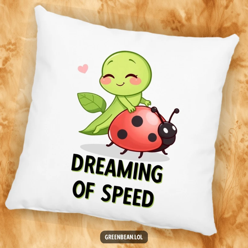 Funny green bean winking playfully while riding a ladybug, a soft and humorous decorative pillow for comfort.
