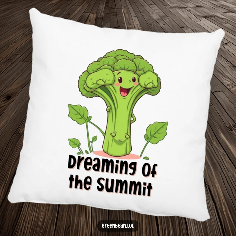 Funny pillow showcasing a determined green bean character climbing a smiling broccoli stalk, offering comfort and humor.