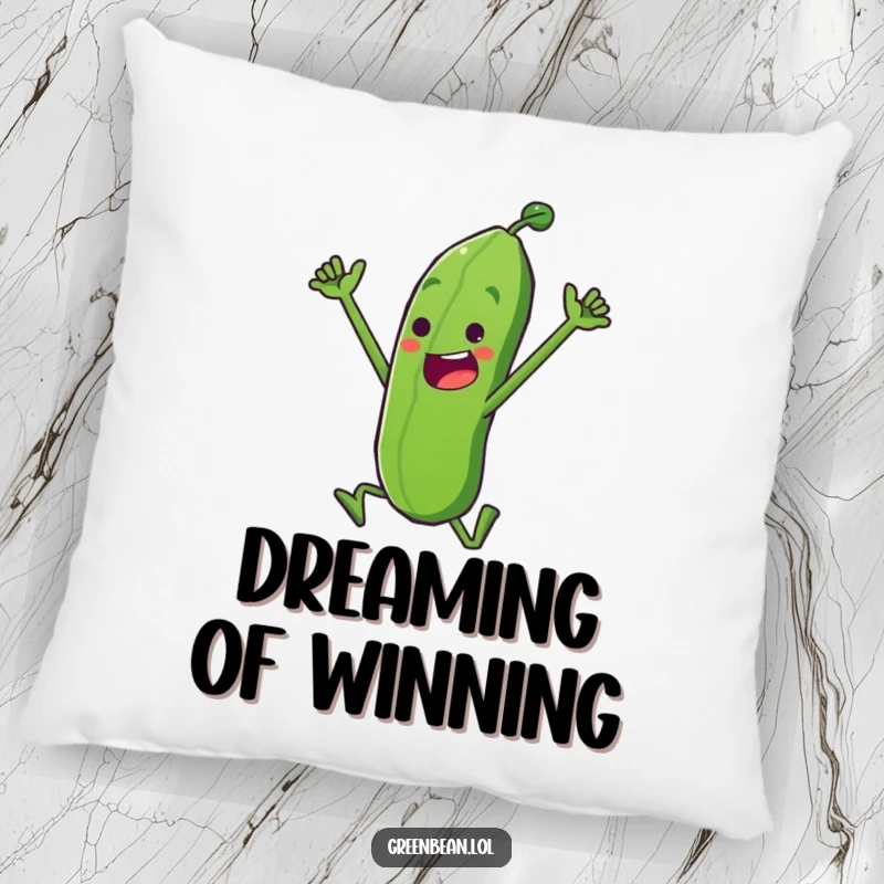 Funny Pillow with a determined green bean character doing a triumphant leap, offering cozy comfort and motivational humor, a charming funny gift.
