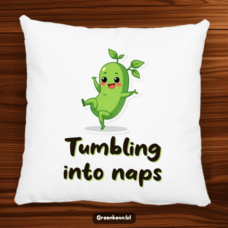 Funny pillow showing a cheerful green bean doing a cartwheel with leafy tops trailing, soft and playful.