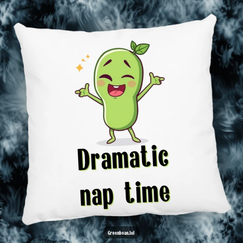 Funny green bean pillow, winking character in a dramatic pose, comfortable and humorous decor, perfect for adding flair, funny gift.