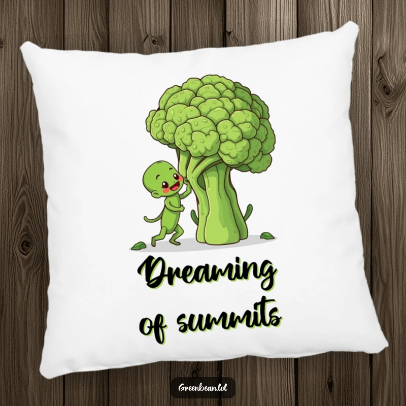 Funny pillow showcasing a determined green bean character attempting to climb a large broccoli stalk, offering comfort and humor.