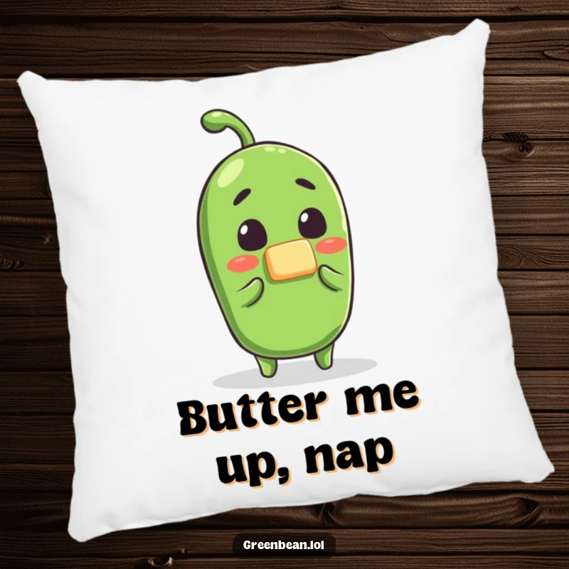 Funny green bean butter pillow, a surprised bean character during breakfast prep, soft and humorous cushion for couches and beds.