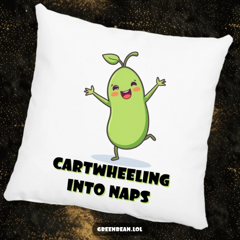 Funny green bean pillow showcasing a cheerful green bean with tiny legs doing a joyful cartwheel, offering a soft and humorous decorative element.