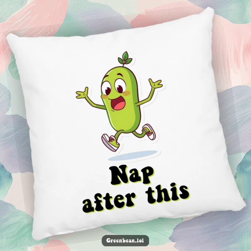 Funny green bean pillow, excited character sprinting in tiny shoes, comfort and humor combined, perfect for lounging, funny gift.