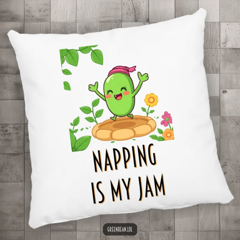 Funny green bean pillow with a cheerful character bouncing excitedly in a garden bed, offering cozy and humorous home decor.