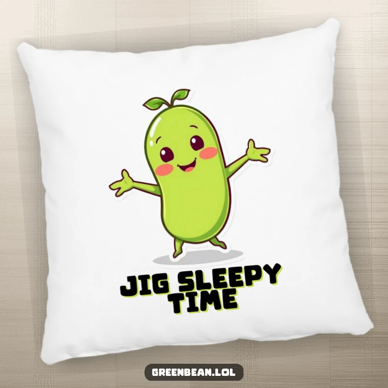 Funny pillow with a smiling green bean character doing a lively jig with arms outstretched, offering comfort and a dose of fun.