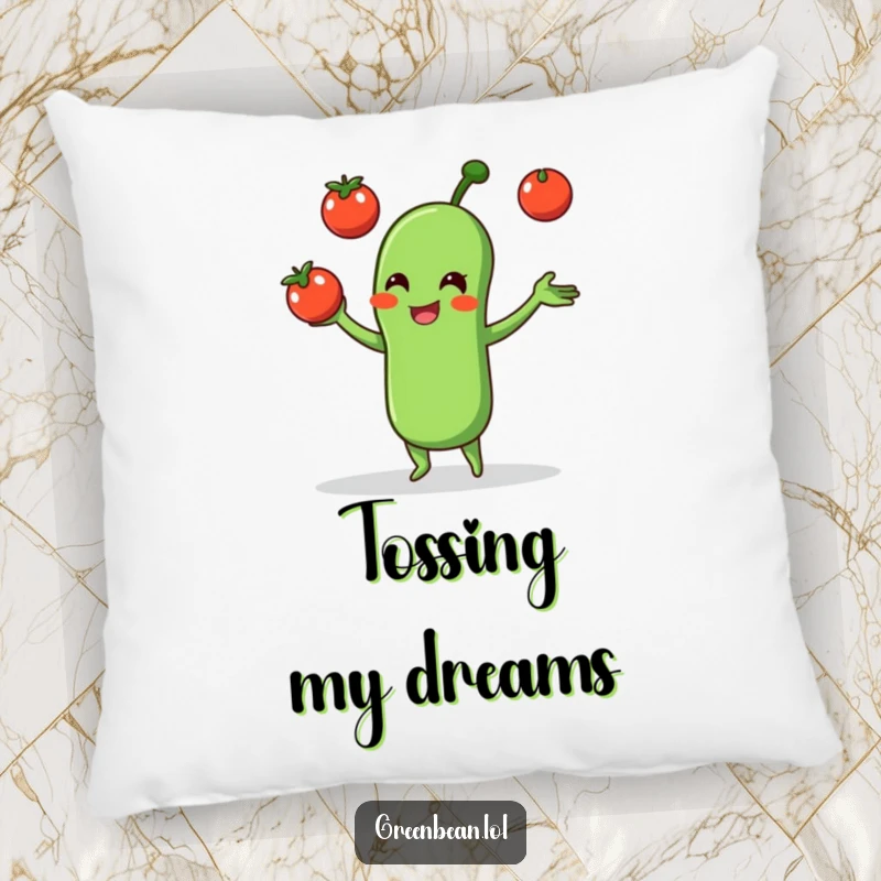 Funny pillow featuring a green bean character juggling tomatoes, providing a humorous and cozy decorative accent.