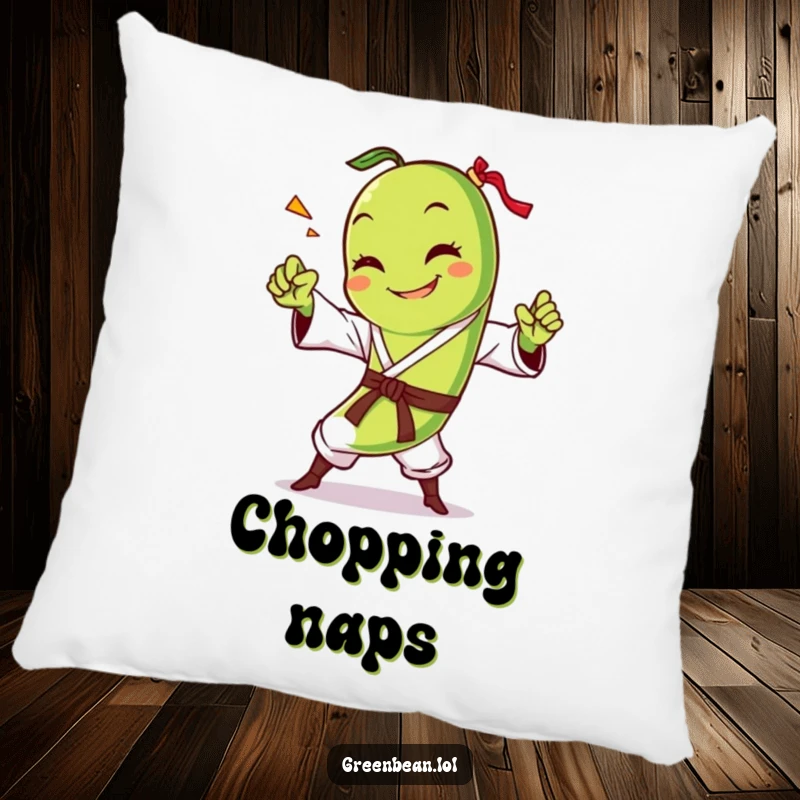 Funny green bean pillow featuring a smiling character in a dynamic karate chop, offering comfort and a dose of hilarious veggie martial arts. Soft.