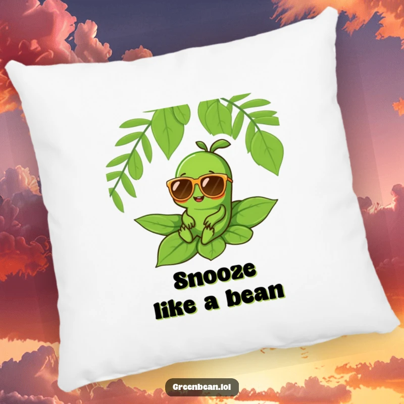 Funny pillow showing a green bean character in oversized sunglasses relaxing on a leaf, offering cool comfort and humor.