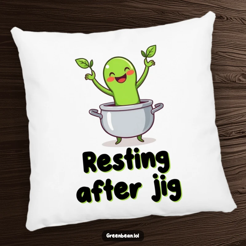 Funny pillow featuring a happy green bean character performing a lively jig inside a cooking pot, perfect for adding playful decor.