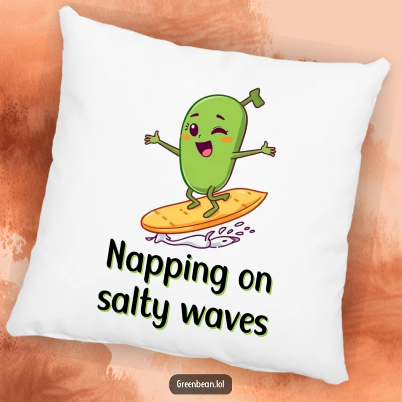 Funny green bean character winking and surfing a potato chip, featured on a soft and humorous pillow.