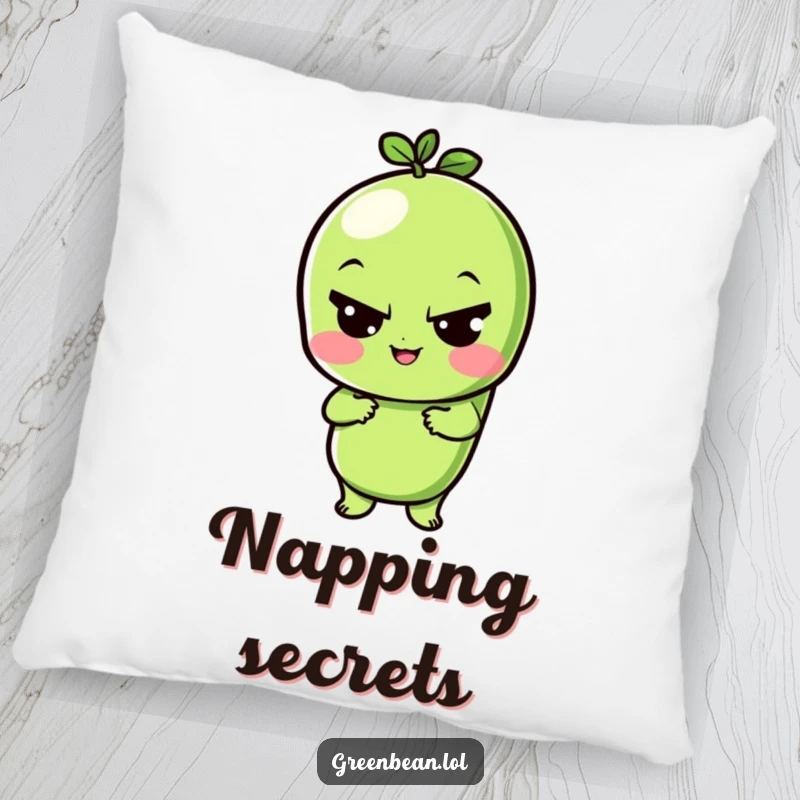 Funny pillow featuring a playful green bean character giving a sly wink, offering humorous comfort and decor.