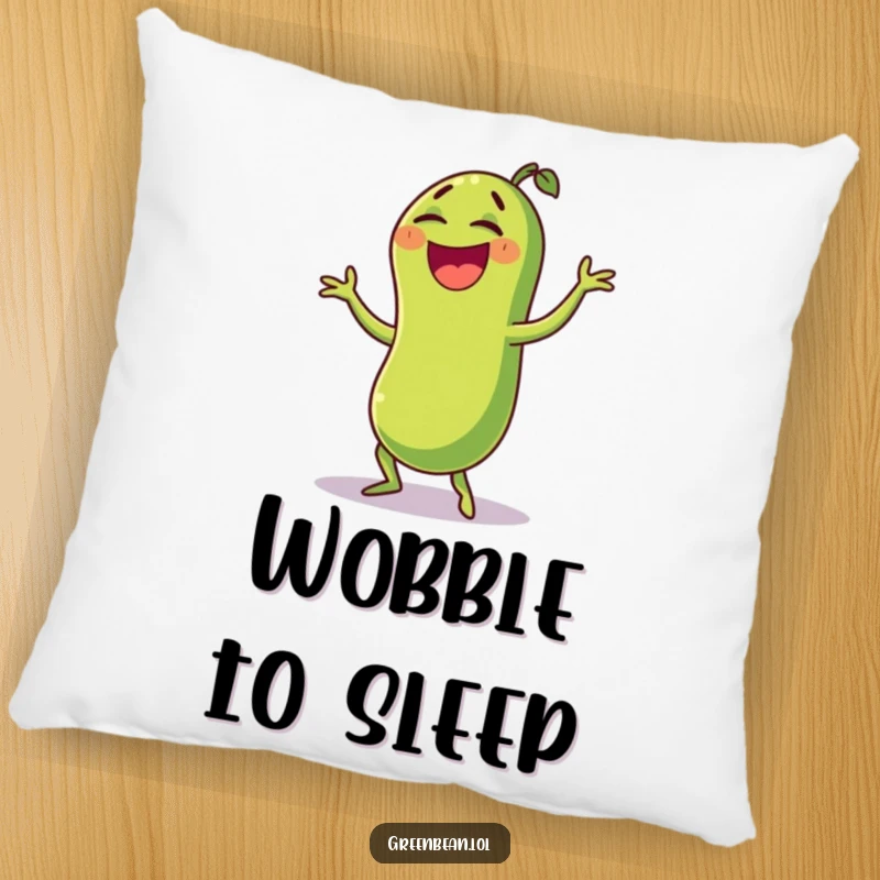 Funny green bean pillow featuring a laughing character doing a funny wobble dance, offering comfort and a delightful dose of pure veggie silliness. Plush.