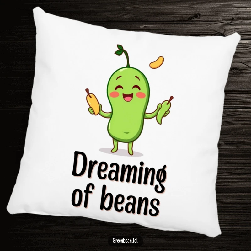 Funny Pillow with a cheerful green bean character joyfully juggling three other green beans, adding playful comfort.