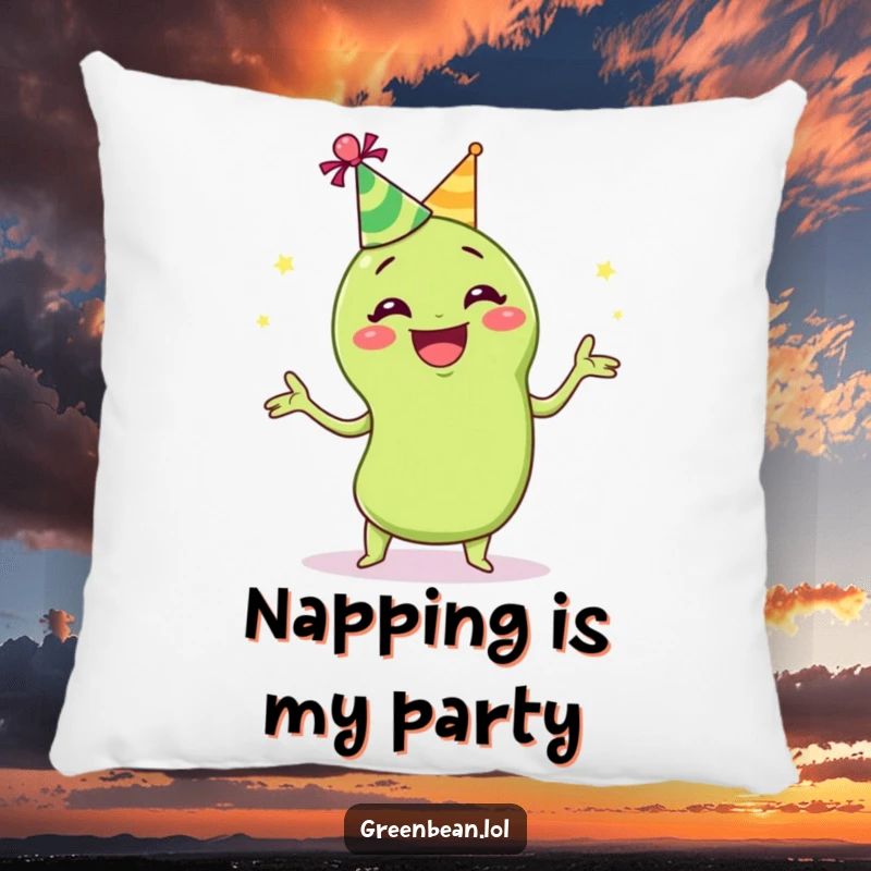 Funny juggling green bean pillow featuring a grinning green bean in a party hat, juggling, offering a soft and comical decorative element.