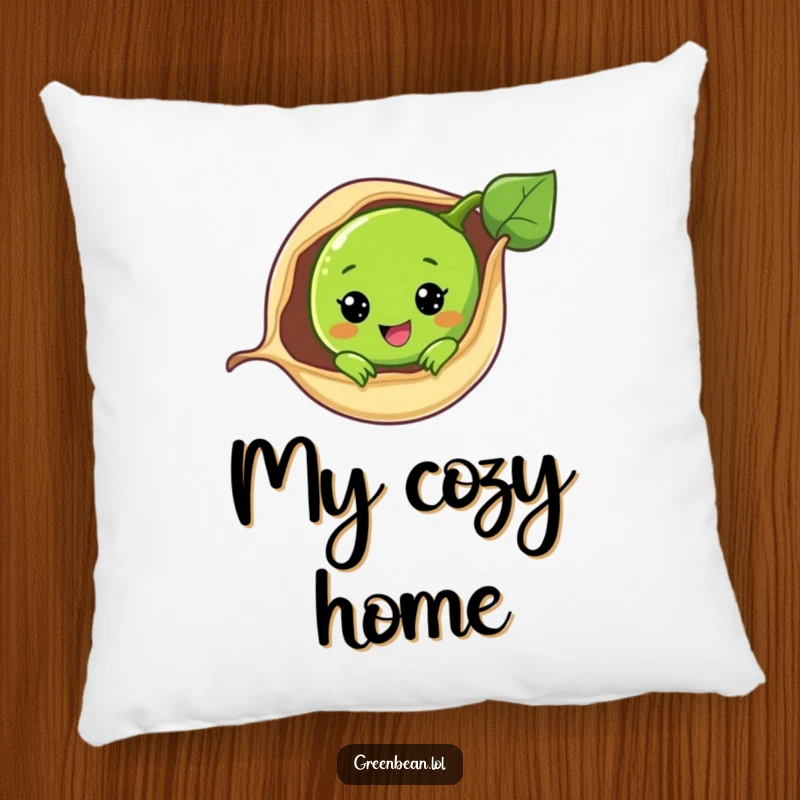 Funny pillow showcasing a cute green bean peeking from its pod, offering comfort and a dose of vegetable sweetness.