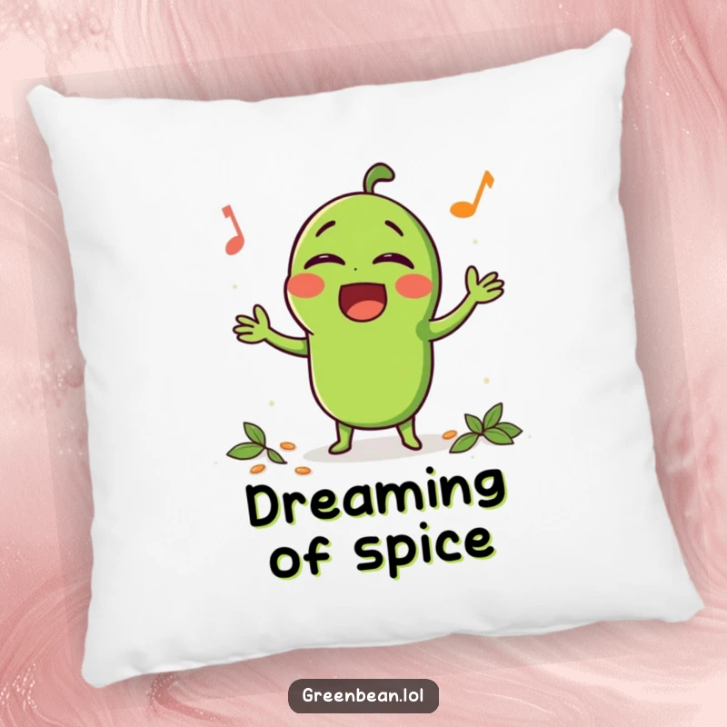 Funny Pillow with a happy green bean character singing loudly while being seasoned, adding spirited comfort.
