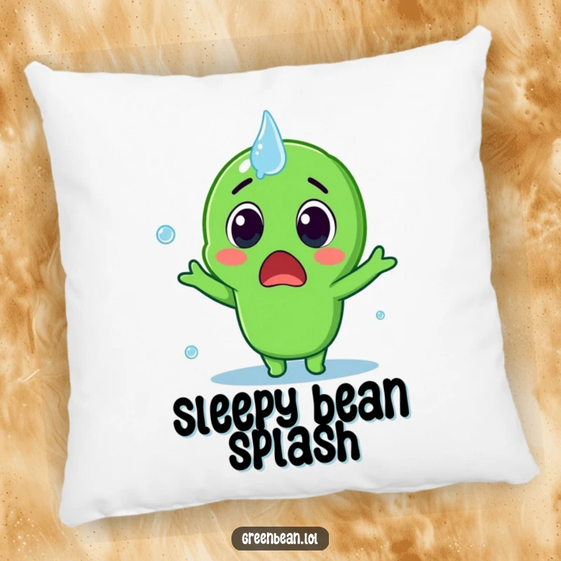 Funny Pillow with a surprised green bean character being splashed, offering cozy comfort and playful humor, a charming funny gift.