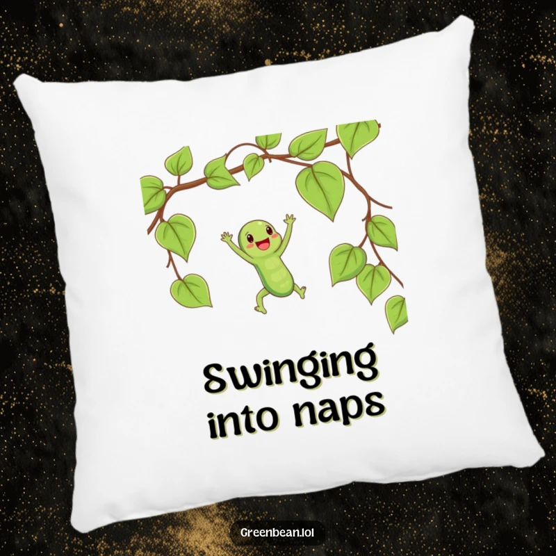 Funny pillow depicting a happy string bean swinging on a vine, offering delightful comfort and humor.