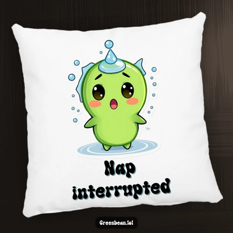 Funny pillow featuring a surprised green bean character caught in a water droplet splash, offering comfort and humorous decor.