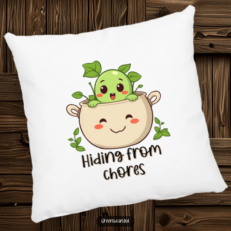 Funny pillow featuring a surprised green bean character peeking out from a giant, smiling pot, decorative and cozy.