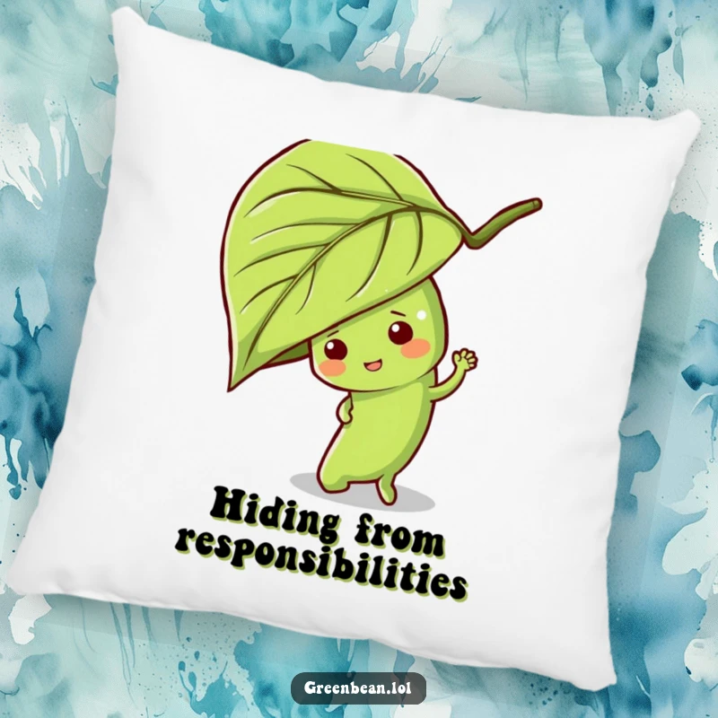 Funny green bean pillow featuring a mischievous character hiding behind a leaf, offering cozy comfort and playful charm.