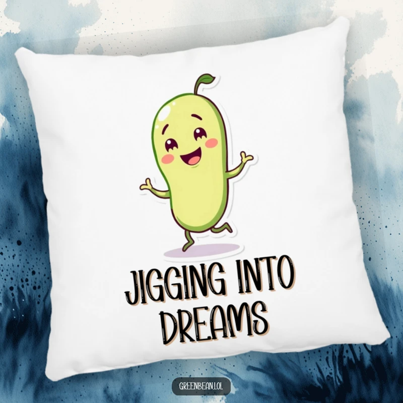 Funny pillow featuring a green bean character in a joyful jig, bringing a sense of playful energy.