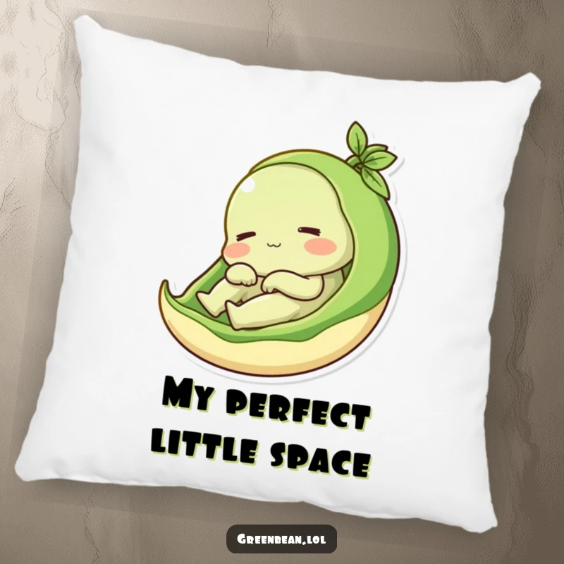 Funny pillow with a content green bean relaxing in its pod, offering cozy comfort and whimsical humor, a delightful funny gift.