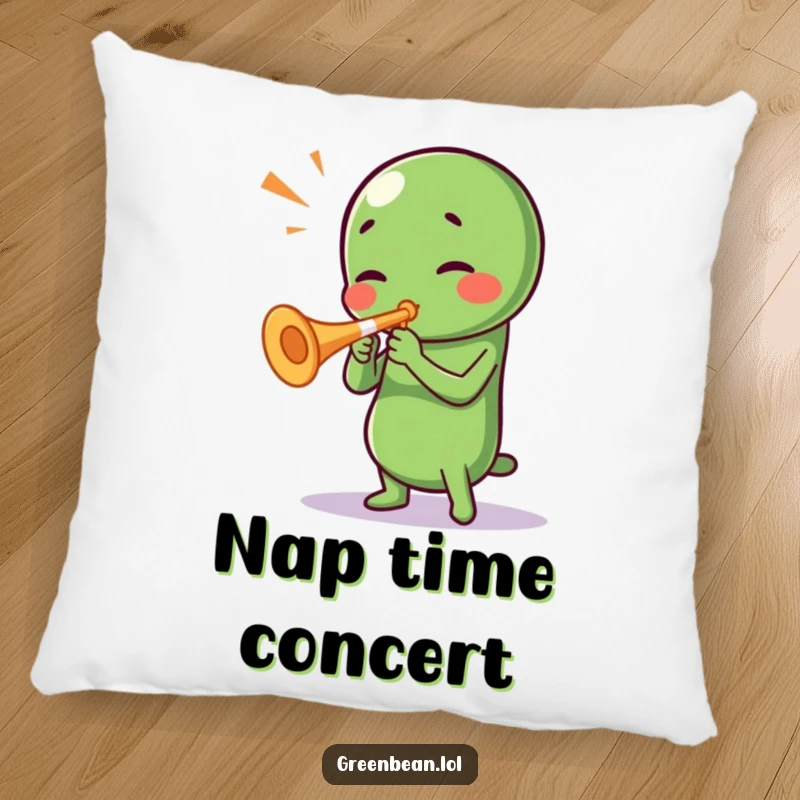 Funny Green Bean Pillow: A soft pillow featuring a green bean character playing a tiny trumpet, offering comfort and humorous musical vibes.