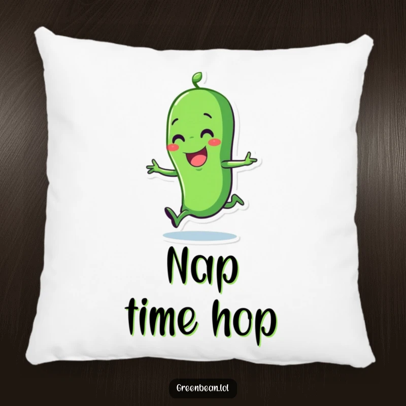 Funny green bean pillow with a cute, joyful character hopping with delight. Soft, humorous, and comforting.