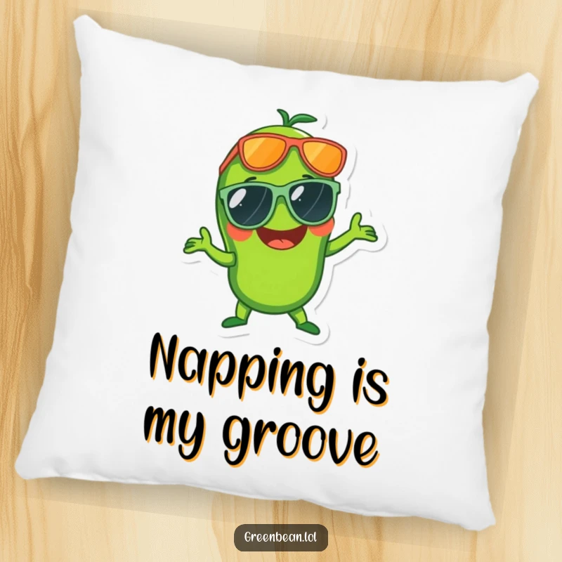 Funny pillow featuring a laughing green bean wearing oversized sunglasses and doing a disco pose, adding comfort and humor.