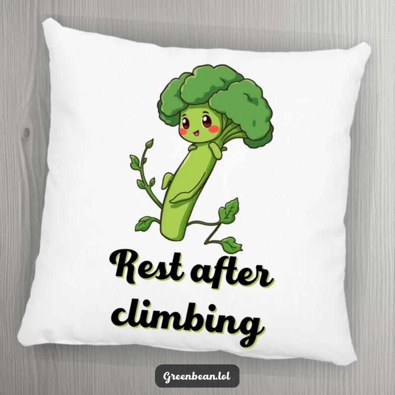 Funny Pillow showcasing a determined green bean character climbing a broccoli stalk, providing comfort and inspiration.