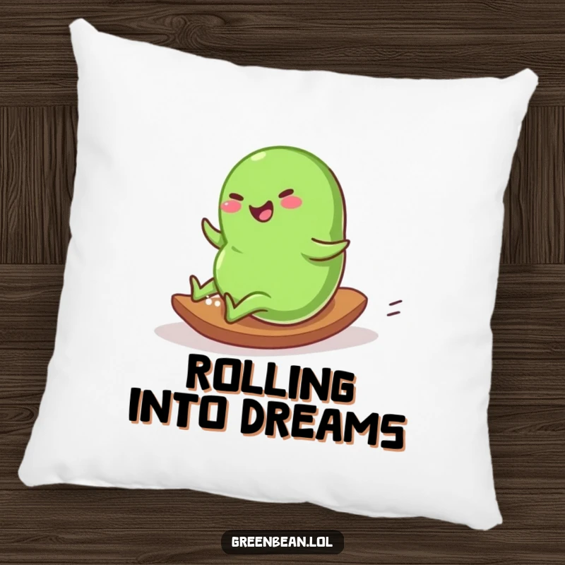 Funny Pillow with a plump green bean character rolling down a gentle slope with pure glee, adding joyful comfort.