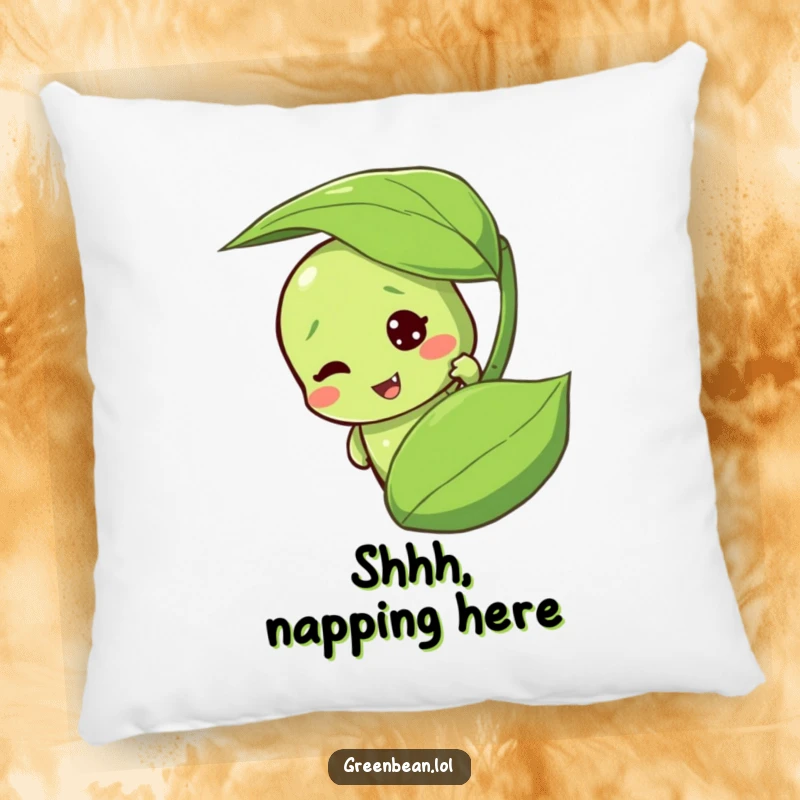 Funny green bean pillow with a cute, mischievous character peeking playfully. A soft and humorous cushion.