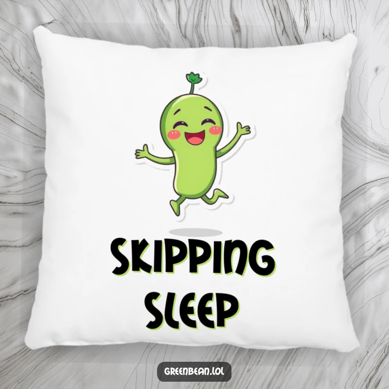Funny green bean pillow featuring a joyous character skipping with glee, offering comfort and a delightful dose of pure veggie happiness. Plush.