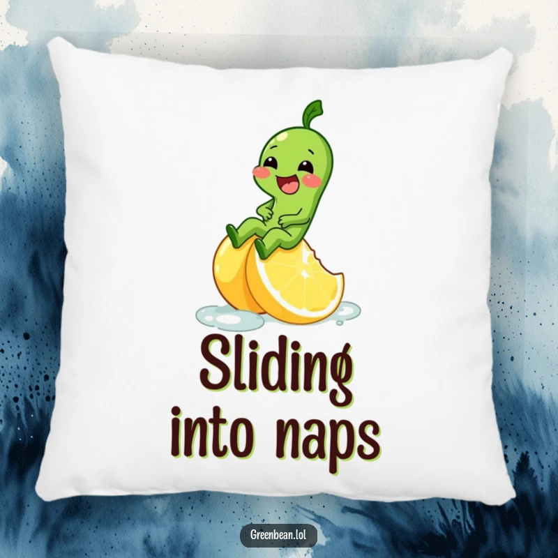 Funny pillow with a green bean character giggling as it slides down a slippery lemon wedge.