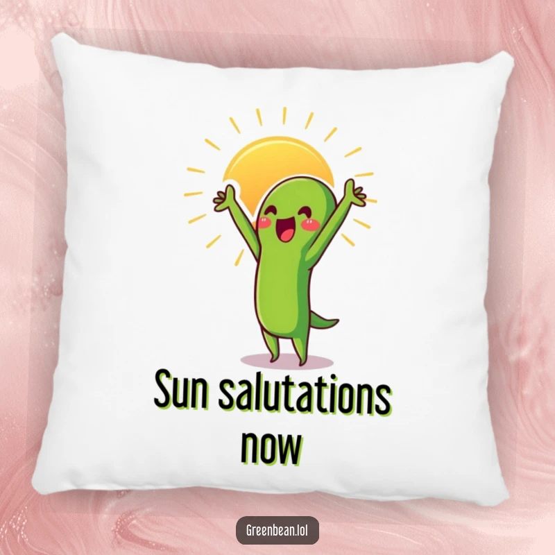 Funny Green Bean Pillow with a proud character stretching towards the sun, offering cozy comfort and motivational vibes.