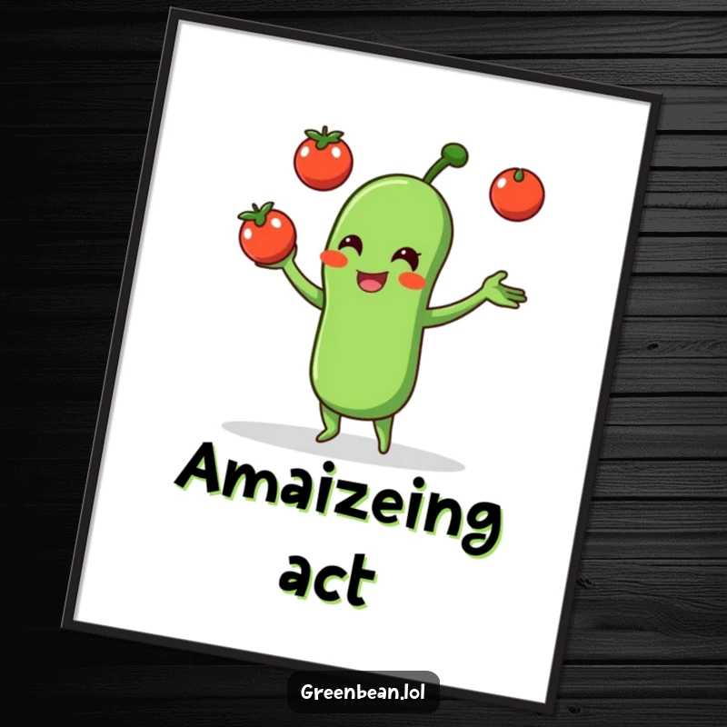 Funny digital art of a green bean character juggling tomatoes, a whimsical and humorous piece for home decor.