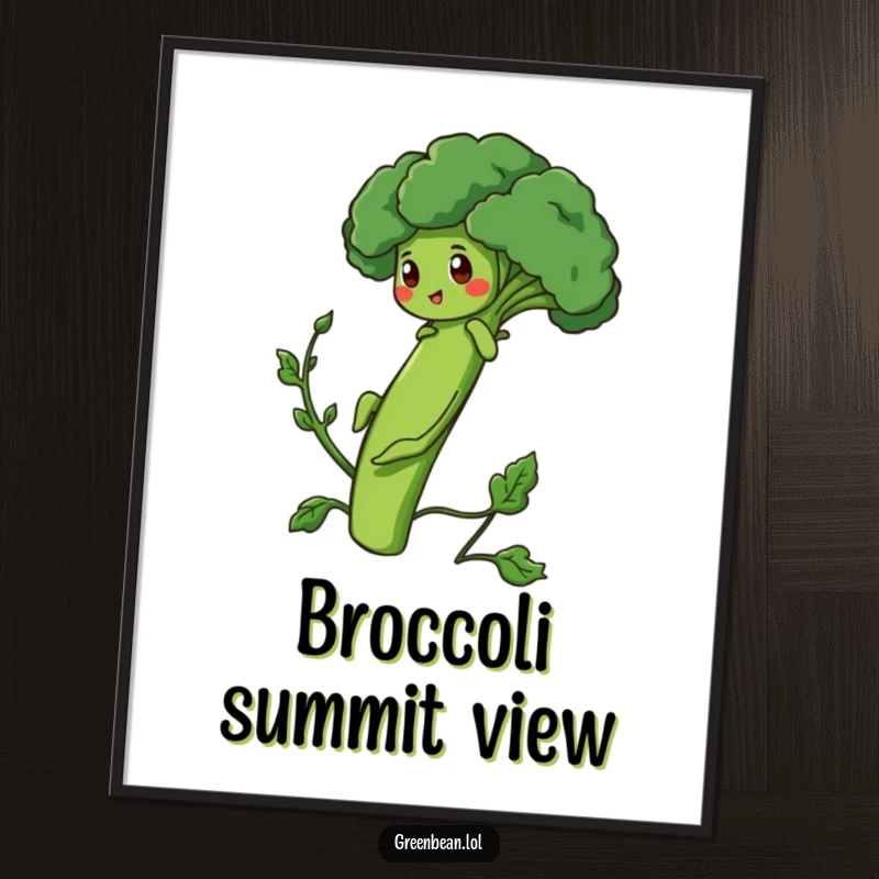 Funny Digital Art Print of a determined green bean character climbing a broccoli stalk, adding motivational art indoors.
