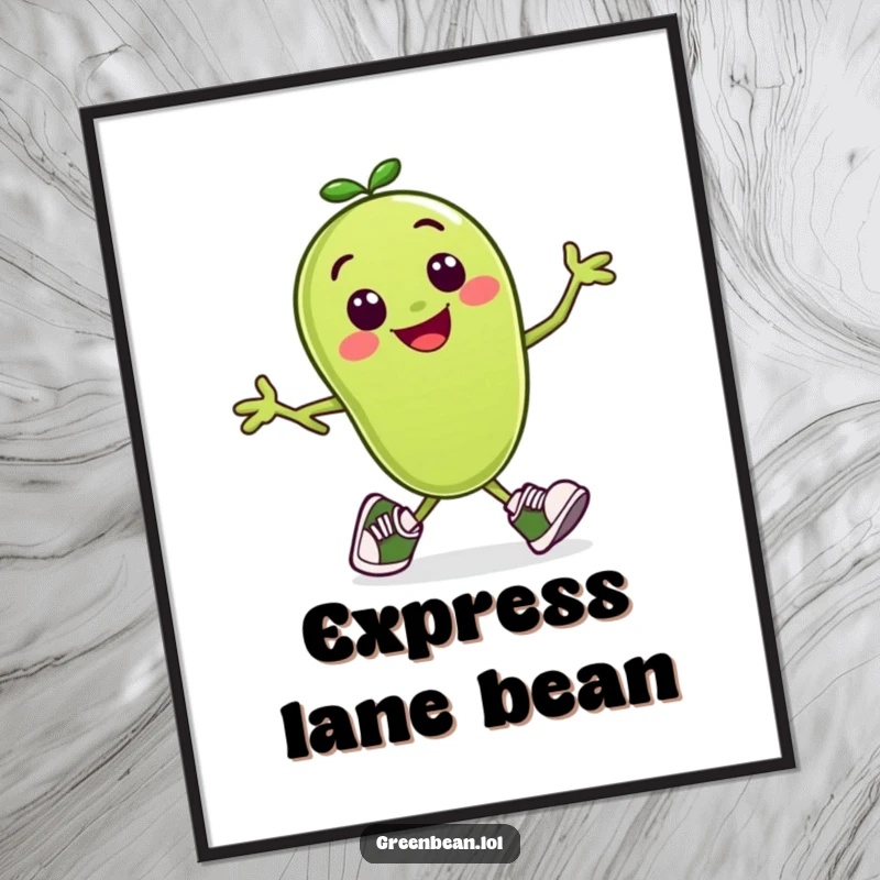 Funny digital art print of a smiling green bean character in tiny running shoes, captured mid-stride.