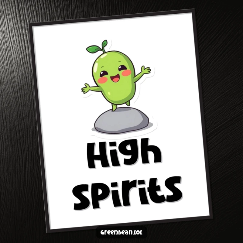 Funny digital art print of a green bean character joyfully bouncing on a pebble, delivering instant energy and vegetable cheer.