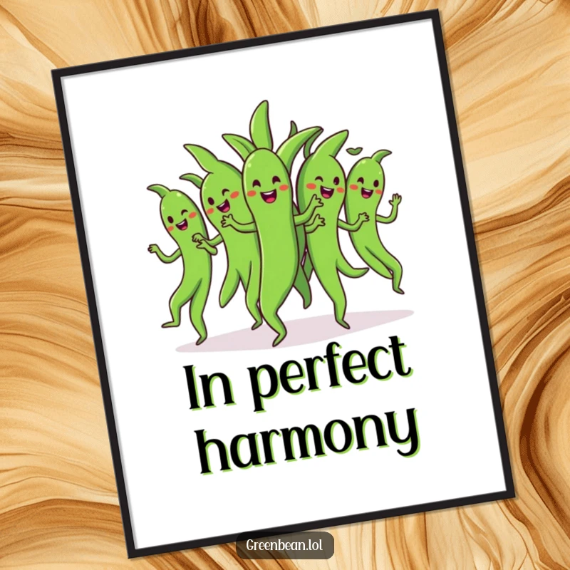 Funny dancing green beans digital art print of a bunch of cheerful green beans doing a synchronized dance, capturing group humor and energy.