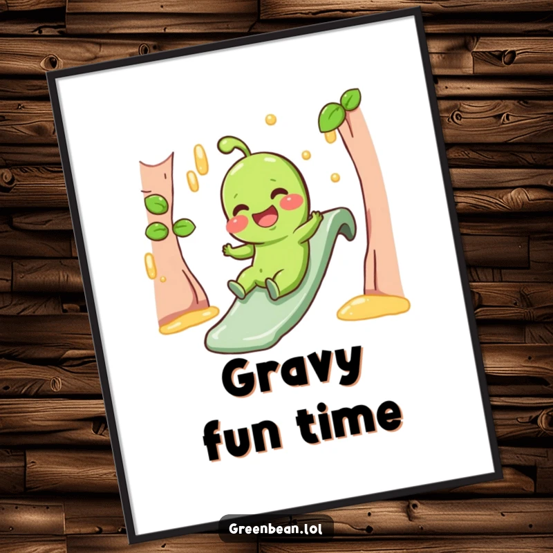 Funny Digital Art Print of a giggling green bean character sliding down a gravy slide, adding humorous food art indoors.